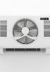 Close-up of a modern air conditioner unit mounted on a white wall.