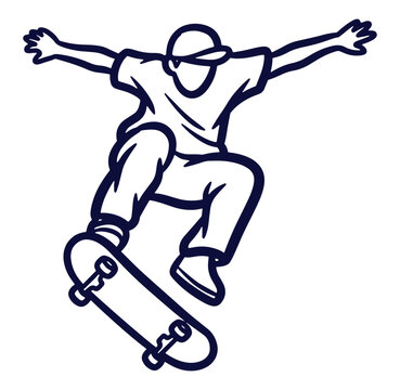 Skateboarder performing an ollie jump illustrated in a bold blue and white outline design