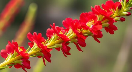 Close-up of a vibrant red plant with yellow stems in natural light.