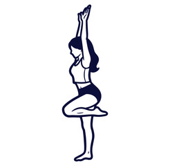 Stylish line art illustration of a woman performing a yoga tree pose in monochrome.