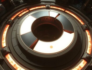 Naklejka premium Detailed circular device with bright white and glowing orange segments intricate metallic textures and a dark central opening