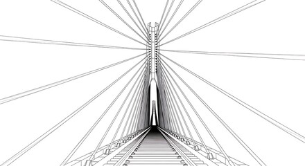 Fototapeta premium Abstract wireframe rendering of a modern cable-stayed bridge, showcasing intricate structural lines and dynamic perspective in a minimalist black and white design for a sleek engineering concept