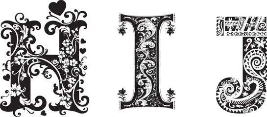 Elegantly Embellished Alphabets: Three ornate letters, H, I, and J, showcase exquisite details and captivating flourishes, perfect for artistic and decorative applications.