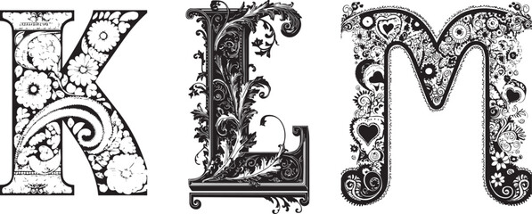 Ornate Floral Letters: Intricate illustrations showcase the letters K, L, and M, adorned with delicate floral patterns and vintage-inspired designs, celebrating the artistry of typography.
