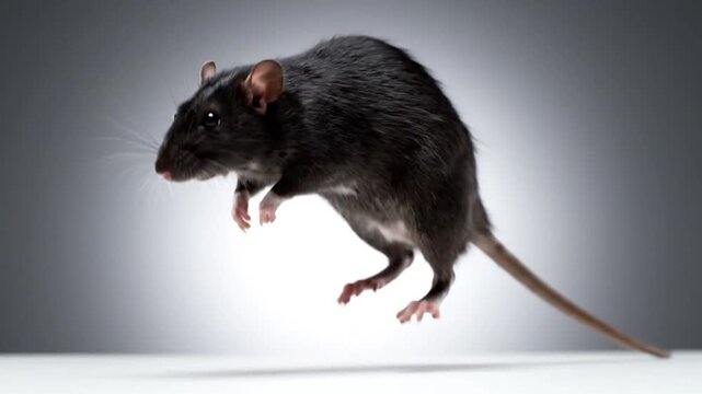 A sleek, dark rat stands on hind legs against a gradient background, tail extended