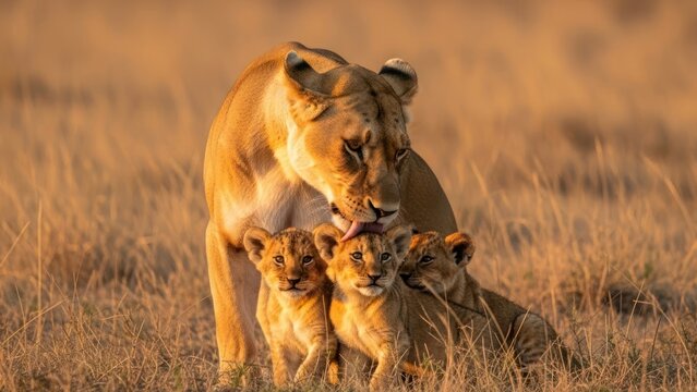 A lioness gently interacts with her cubs in a serene savannah landscape with warm, golden lighting.