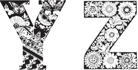 Ornamental Letters Y and Z: Intricate floral and butterfly patterns fill the forms of the letters Y and Z, each detail crafted to captivate and charm.
