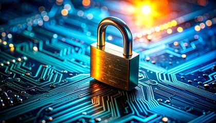 Macro shot of a metal padlock resting on a blue computer motherboard. Concept of digital security, data protection, hardware safety, and firewall defense against cyber attacks.
