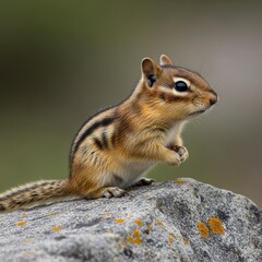 Alert Chipmunk Perched on Rock Observing Surroundings Closely.