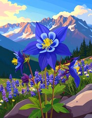 Vibrant wildflowers in a mountain meadow at sunrise