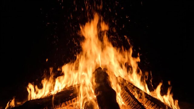 Dancing flames engulf wooden logs in a bonfire at night, capturing warmth and light in a dark environment from a close-up viewpoint