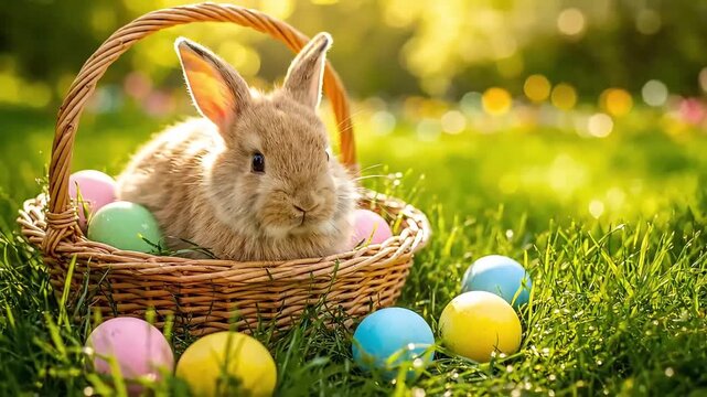 fluffy brown bunny sitting in a wicker basket with colorful easter eggs on green grass on a sunny spring day cute rabbit sniffing and looking around close up