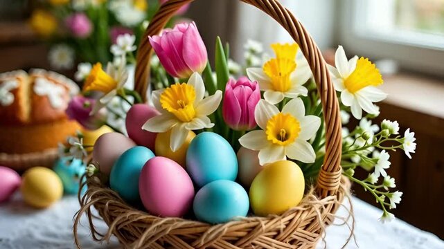 wicker basket with bright easter eggs spring daffodils and tulips on a table with lace tablecloth against a blurred window and easter cake