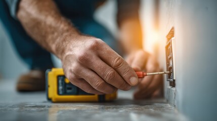 Obraz premium A worker tests a ground fault circuit interrupter in a professional setting.