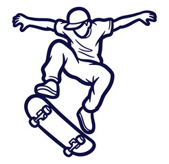 Vector illustration of a skateboarder performing a trick in outline style on white background