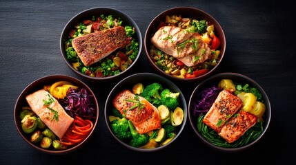 Five round bowls feature salmon atop greens with colorful vegetables, plated on a dark wooden surface! garnish