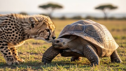 Obraz premium A cheetah sniffing a tortoise on a grassy savannah with acacia trees in the background.