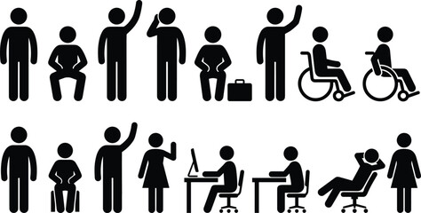 Human pictogram icons set, people standing sitting working greeting wheelchair user, universal symbols for public facilities, accessibility, office, transportation
