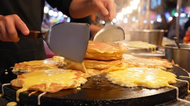 Chef preparing flatbreads on a circular griddle with golden cheese in evening light