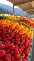 Vibrant market stall displays berries in bright rows beneath a sunlit canopy, a colorful fresh fruit array. It