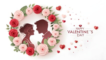 Romantic Valentine&rsquo;s Day Couple Silhouette with Rose Wreath and Heart Decoration
