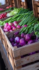 Wooden crates overflow with fresh vegetables at a market stall, vibrant greens beside purple onions and fresh