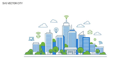 Obraz premium Smart City Skyline with Buildings, Trees, and Technology Icons