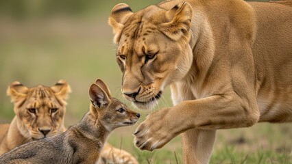 Obraz premium A lioness gently interacts with a baby gazelle while two lion cubs observe in a natural grassy