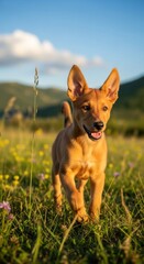 Alert Dingo Puppy Exploring a Grassy Meadow.