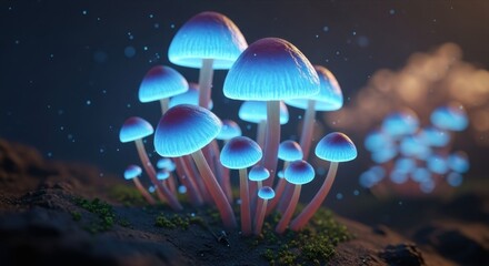 Naklejka premium Bioluminescent mushrooms glowing with ethereal blue light in a dark, mystical forest.