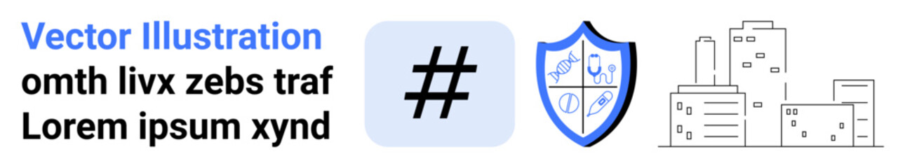 Obraz premium metadata tag icon, security shield with symbols, and digital cityscape outline. Ideal for cybersecurity, digital trends, online safety, urban planning, technology, social media simple landing page