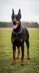 Alert Doberman Pinscher Standing Proudly on Green Grass.