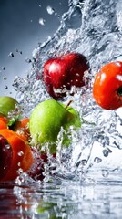 Colorful fruits splash into clear water, droplets frozen mid-air, vibrant reds, greens, and oranges collide.!!