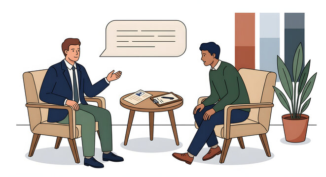 job interview and professional hiring concept with human resources manager and male candidate sitting in chairs discussing resume and career opportunities in flat vector style