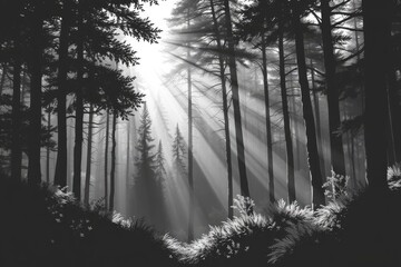 Sunbeams pierce a dense misty forest of tall trees and lush undergrowth creating a dramatic high-contrast monochrome scene
