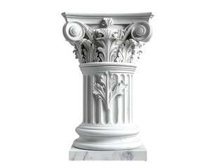 Detailed white Corinthian column on a marble base, isolated on black
