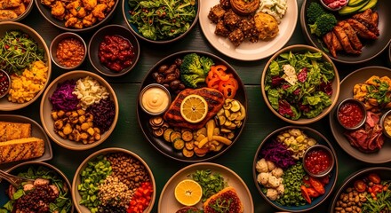 Vibrant assortment of global cuisine dishes on plates