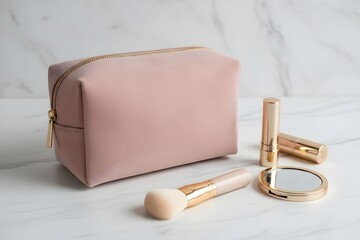 Makeup bag and brushes on a marble surface with cosmetic products arranged neatly