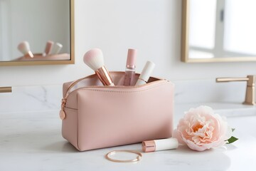 A pink makeup bag with brushes and cosmetics on a white bathroom counter beside a pink rose, viewed from the front.