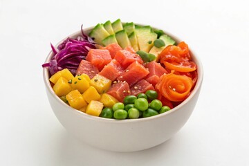 A vibrant and colorful poke bowl filled with fresh tuna avocado mango and various vegetables