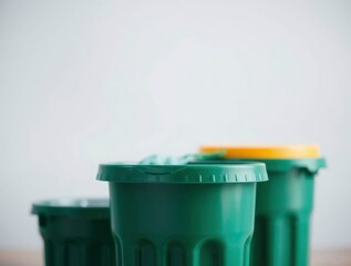 Three green plastic containers one with a yellow lid are arranged on a light surface against a white background