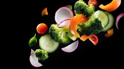 Dynamic splash of sliced vegetables,  including broccoli, cucumber, onion, carrot, and tomato, against black!!
