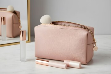 A pink cosmetic bag and beauty products on a white surface with a mirror reflection in a serene environment