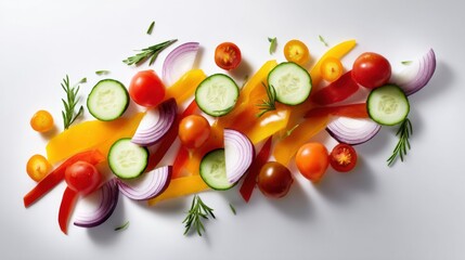 A vibrant assortment of sliced vegetables&mdash;cucumbers, peppers, onions, tomatoes, and herbs on a white backdrop