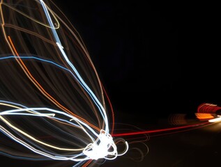 Vibrant blurred light streaks against a dark background showing abstract patterns of white blue orange and red light