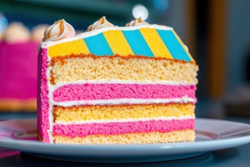 Vibrant multi-layered cake slice with pink and yellow sponge white frosting and a blue and yellow striped top