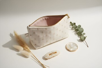 Cosmetic bag and accessories arranged on a white surface with plants and decorative items