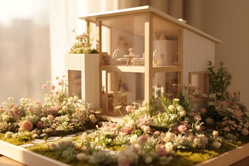 Miniature house surrounded by flowers and lush greenery in a serene indoor setting viewed from the front