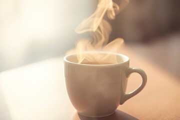 White mug of steaming beverage on a sunlit table with a soft blurred background
