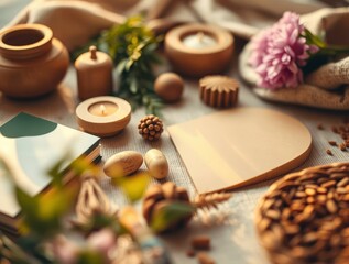 Wooden vessels a burning candle a book purple blossoms and scattered grains arranged on a woven textile surface illuminated by gentle light